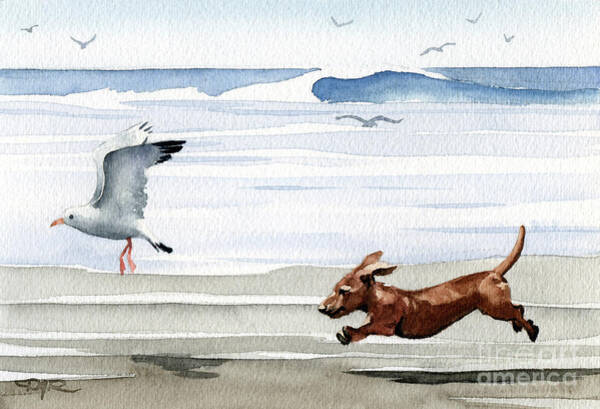 Dog Chasing Seagull on Beach Art Print