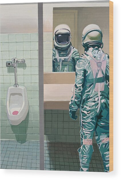 Astronaut in the Restroom Wood Print