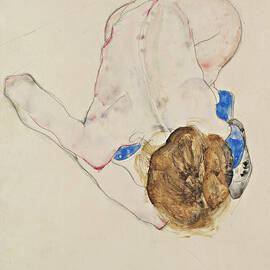 Nude With Blue Stockings Bending Forward by Egon Schiele