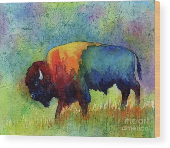 Colorful Bison in a Vibrant Meadow Wood Print