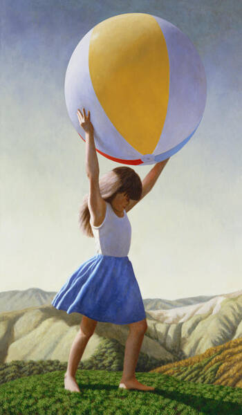 Girl Holding a Giant Beach Ball Art Print