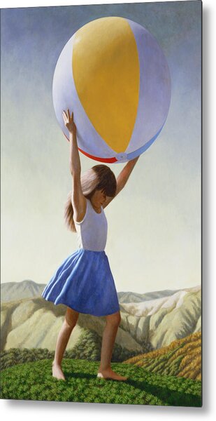 Girl Holding a Giant Beach Ball Metal Print