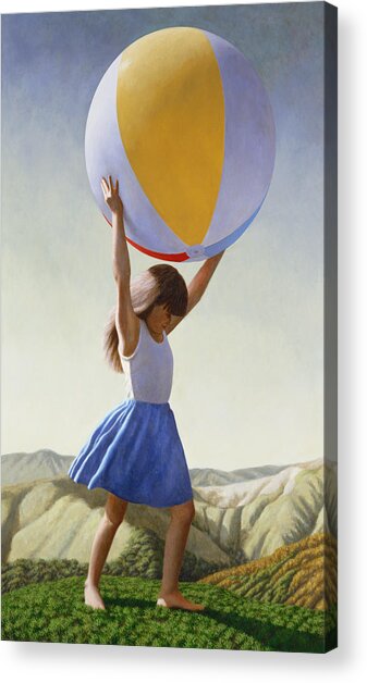 Girl Holding a Giant Beach Ball Acrylic Print