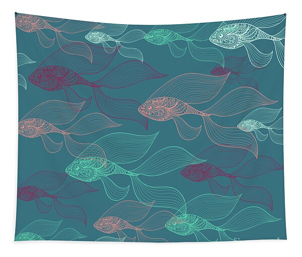 Intricate Fish Patterns on Teal Tapestry