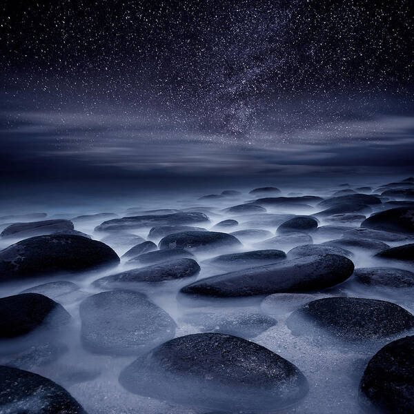 Starry Night Over Rocky Shore Art Print