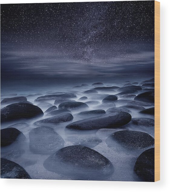 Starry Night Over Rocky Shore Wood Print