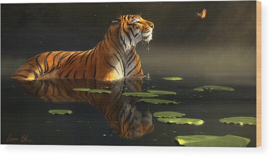 Tiger in a Serene Water Scene Wood Print