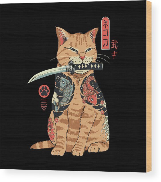 Samurai Cat with Tattoos Wood Print