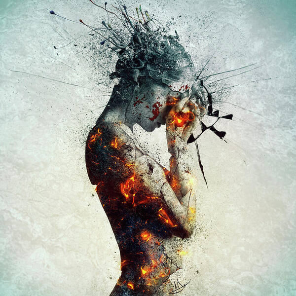 Fragmented Human Portrait in Flames Poster