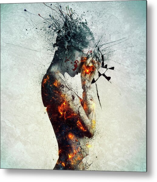 Fragmented Human Portrait in Flames Metal Print