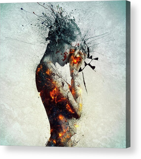 Fragmented Human Portrait in Flames Acrylic Print