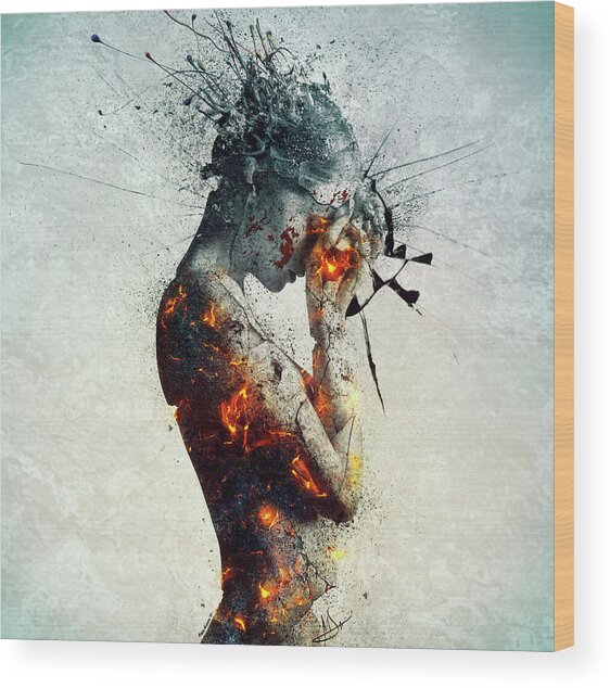 Fragmented Human Portrait in Flames Wood Print