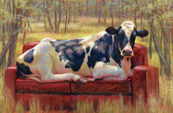 Cow Relaxing on a Red Sofa Poster