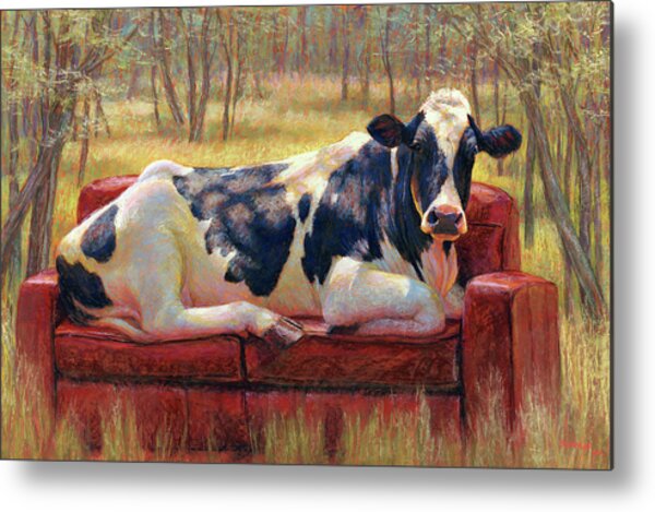 Cow Relaxing on a Red Sofa Metal Print