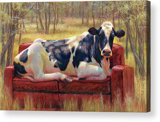 Cow Relaxing on a Red Sofa Acrylic Print