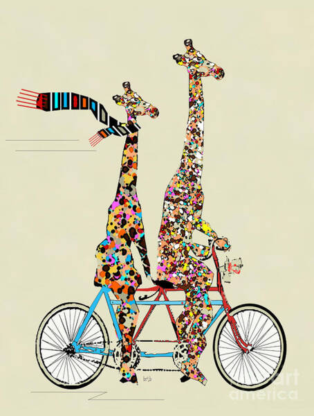 Colorful Giraffes on Tandem Bicycle Poster