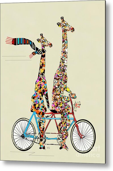 Colorful Giraffes on Tandem Bicycle Metal Print