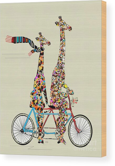 Colorful Giraffes on Tandem Bicycle Wood Print