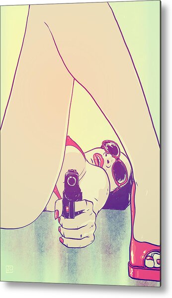Woman with Gun and Red Shoes Metal Print
