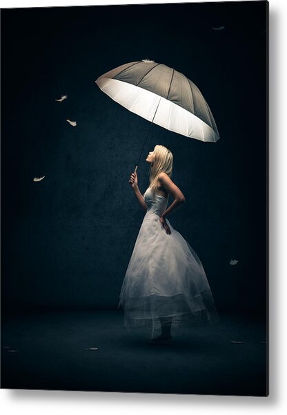 Woman Holding Umbrella with Floating Feathers Metal Print