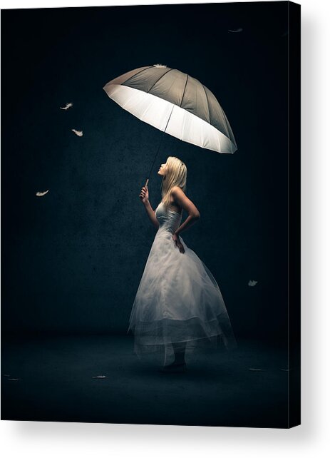 Woman Holding Umbrella with Floating Feathers Acrylic Print
