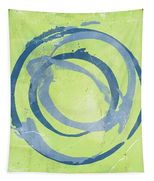 Blue Enso Circle on Green Background Tapestry