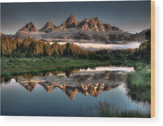 Serene Mountain Reflection at Dawn Wood Print