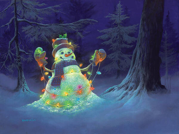Festive Snowman in Winter Forest Art Print