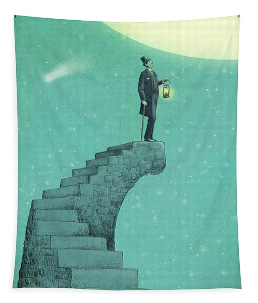 Man on Staircase Under Moonlight Tapestry