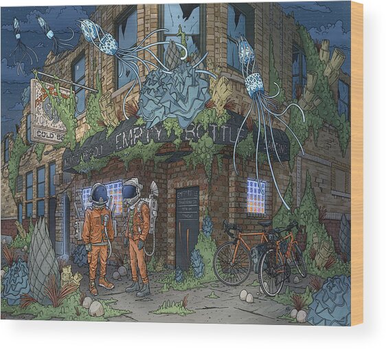 Astronauts at the Abandoned Venue Wood Print