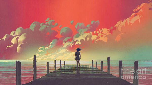 Solitary Figure on a Sunset Pier Art Print