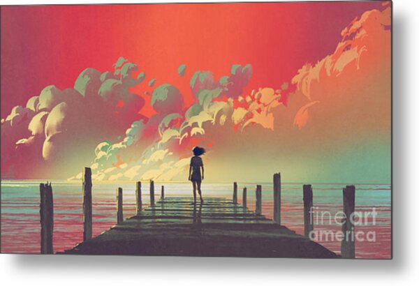 Solitary Figure on a Sunset Pier Metal Print