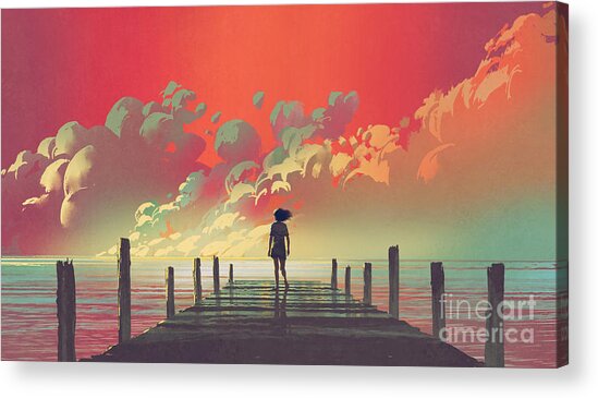 Solitary Figure on a Sunset Pier Acrylic Print
