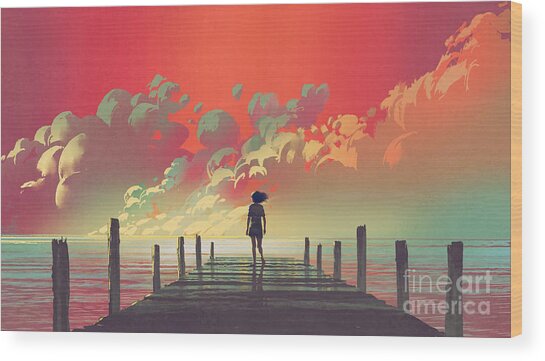 Solitary Figure on a Sunset Pier Wood Print