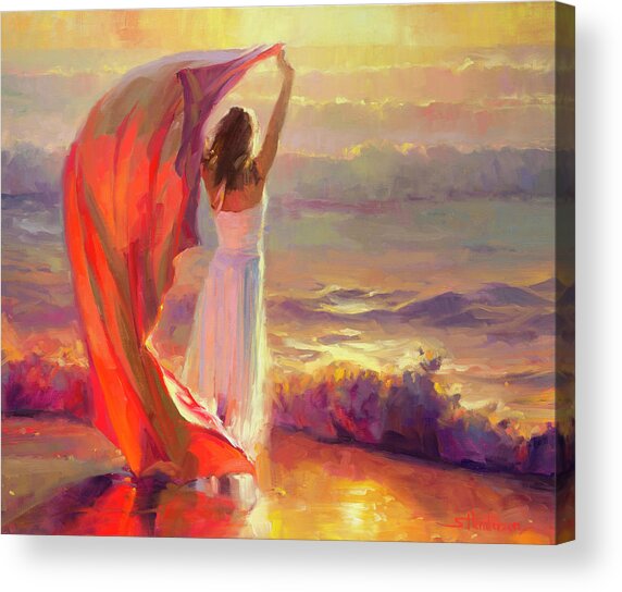 Woman with Flowing Red Scarf at Sunset Acrylic Print