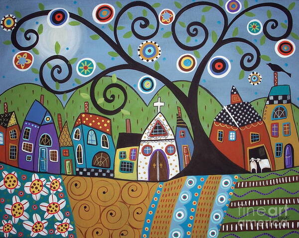 Whimsical Village and Tree Art Print