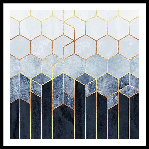 Hexagonal Geometric Blue and Gold Design Framed Print