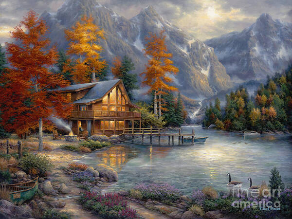 Tranquil Lakeside Mountain Cabin Art Print