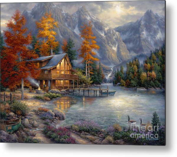 Tranquil Lakeside Mountain Cabin Metal Print