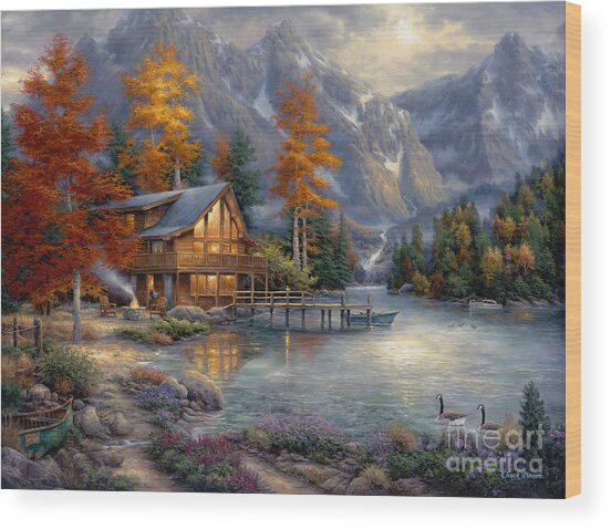 Tranquil Lakeside Mountain Cabin Wood Print