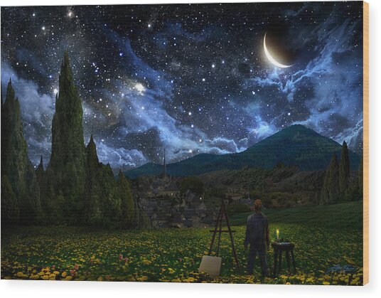 Starry Night Sky Over Artist Wood Print