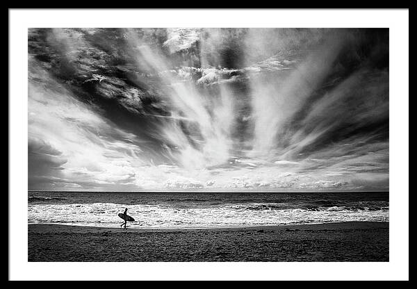 Surfer on Dramatic Beach Framed Print