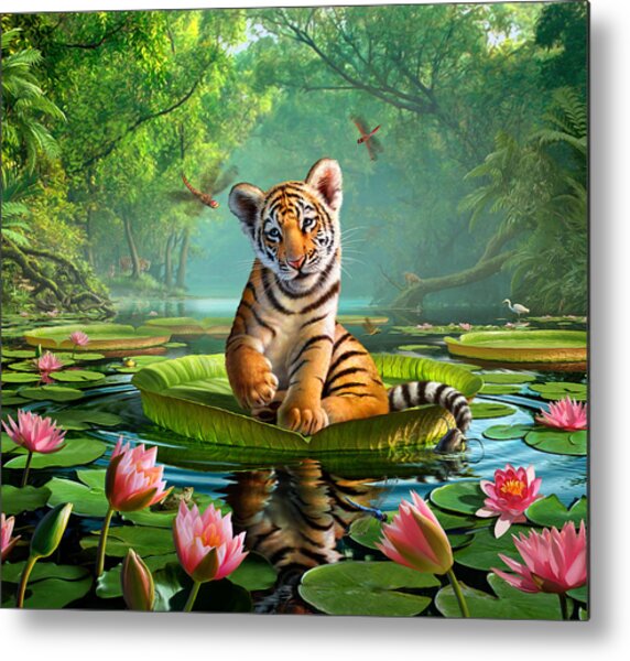 Tiger Cub on Lily Pad Metal Print