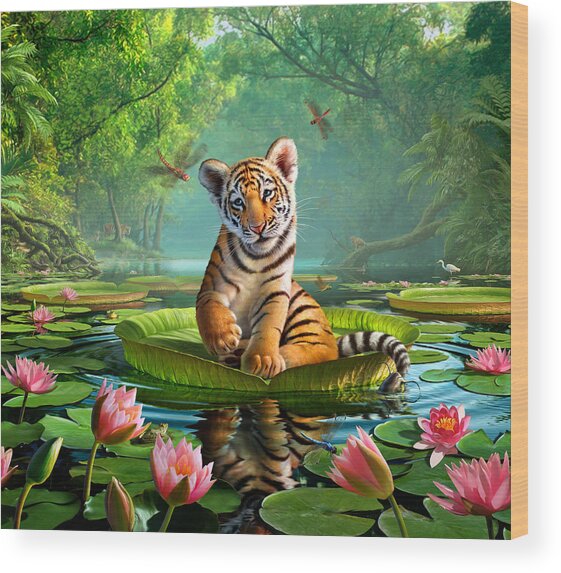 Tiger Cub on Lily Pad Wood Print