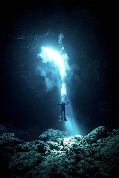 Diver Ascending in Underwater Cave Poster