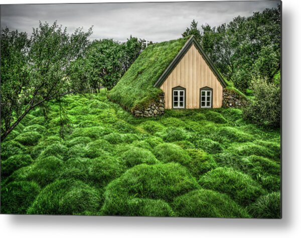 Cozy Grass-Covered Cabin Metal Print