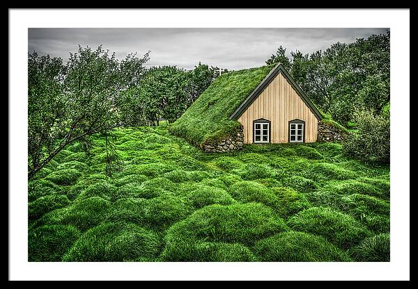 Cozy Grass-Covered Cabin Framed Print