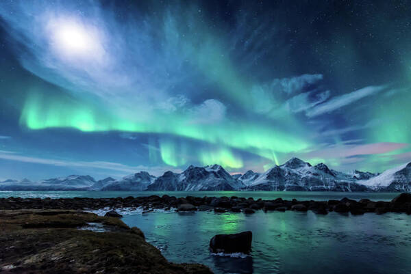 Aurora Borealis Over Snowy Mountains Art Print