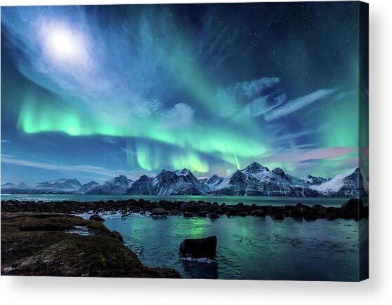 Aurora Borealis Over Snowy Mountains Acrylic Print
